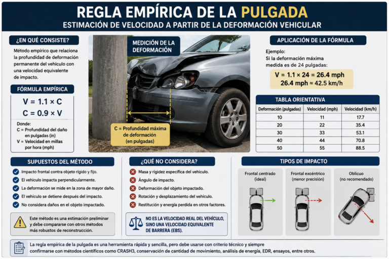 Infografía sobre la regla empírica de la pulgada aplicada al cálculo preliminar de velocidad mediante deformación vehicular