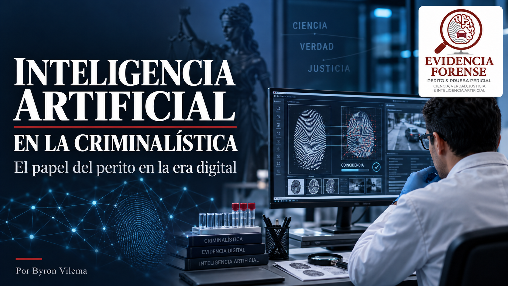 Ilustración de un perito analizando evidencia digital con apoyo de inteligencia artificial, con el logo de Evidencia Forense.